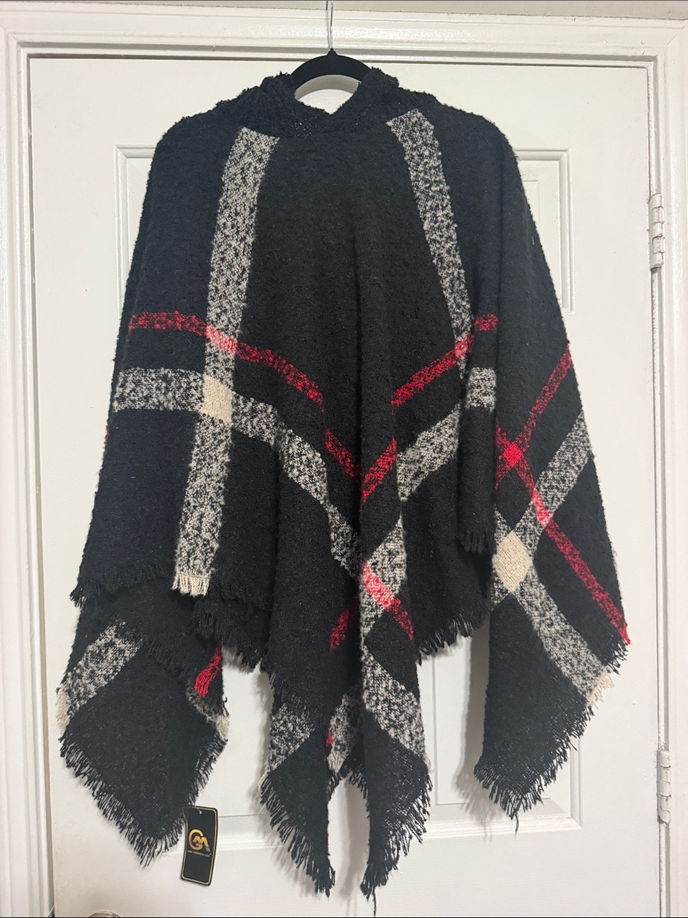 Cozy Black Plaid Fringe Throw Poncho hooded with Red and Cream Accents